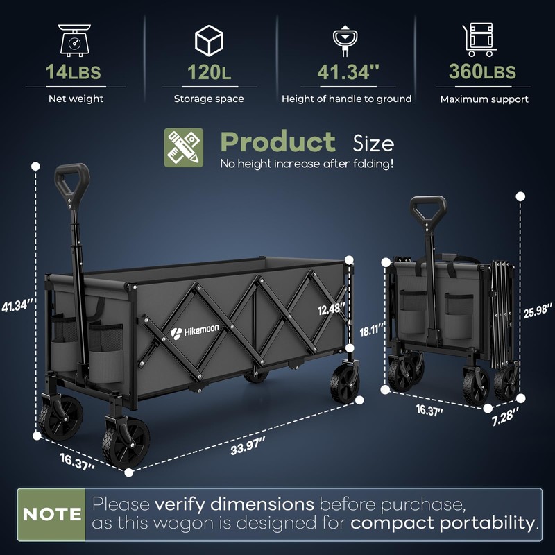 Hikemoon 34'' Extra Long Collapsible Wagons Carts Foldable, 360LBS Heavy