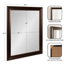 Kate and Laurel Galiano Traditional Framed Rectangle Bathroom Vanity Mirror, 27 x 33, Bronze, Classic Rectangular Bathroom Mirror for Over Sink or for Use as Entryway or Living Room Decor
