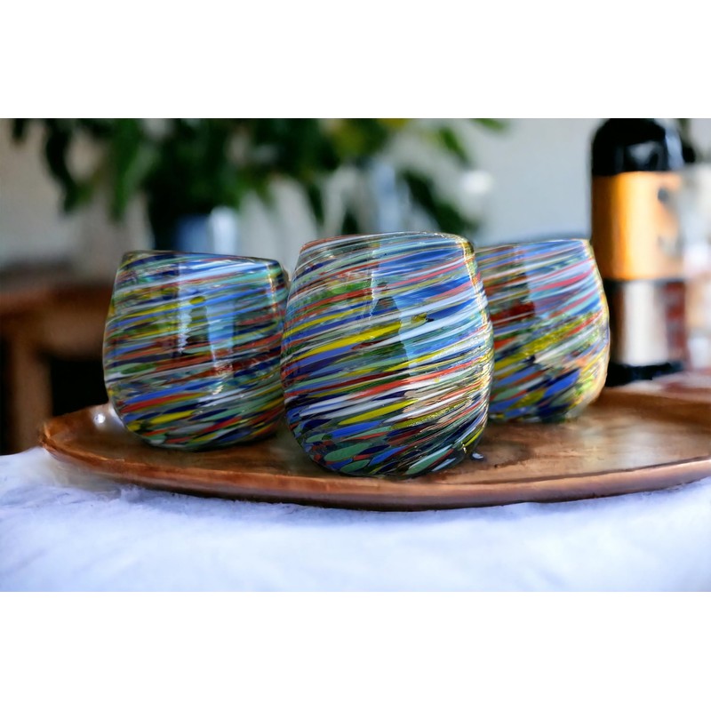 Handblown Confetti Stemless Wine Glass with Colorful Swirl Design (Set