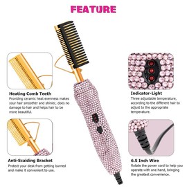 Diamond Electric Hair Straightening and Curling Comb 450°F Heat Pressing Comb Anti-Scald Case for Natural Hair and Wigs