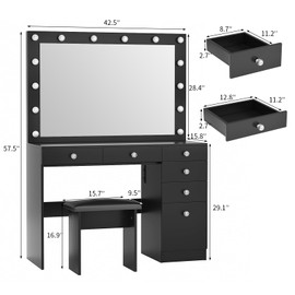 VOWNER Vanity with Lights - 43" Makeup Vanity Desk with Power Outlet, 5 Drawers and 1 Cabinet, 3 Color Lighting Modes with Adjustable Brightness,Makeup Desk with Stool for Women Girls, Black