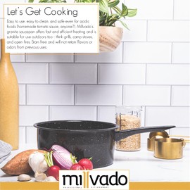 Millvado 3 Quart Granite Saucepan, Naturally Nonstick Sauce Pots, Speckled Enamel Ware Cookware, Small Sauce Pan for Cooking and Boiling - Granite Cooking Pot for Stovetop, Campfire, Outdoor Stove