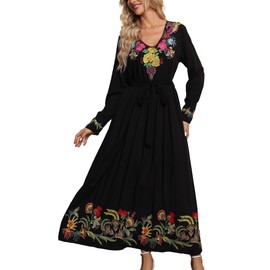 Grosy Women Long Sleeve Embroidered Mexican Dress for Fall Spring Peasant Traditional Floral Boho Smocked Maxi Dresses Black