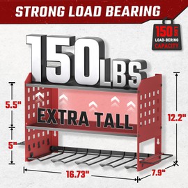 SUNALLY Power Tool Organizer, Heavy Duty Wall Mount Tool Organizer 3 Layers with 4 Drill Holders, Garage Tools Storage Rack with 2 Side Pegboards and Hooks for Workshop, Shed, Red