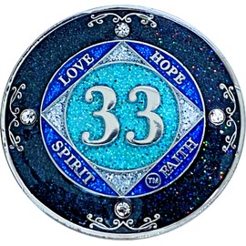 (Years 1-50) NA 33 Year Crystals and Glitter Medallion, Silver Color Plated Coin, Black Rainbow, Blue Glitter and Four Clear Crystals, Epoxy Covered (NA 33 Year Clean Time)