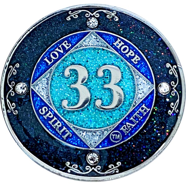 (Years 1-50) NA 33 Year Crystals and Glitter Medallion, Silver