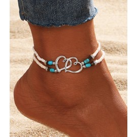 ALRNBY Heart Ankle Bracelet for Women Layered Anklets Stretchy Elastic Beaded Anklets Black/White/Blue Beaded Anklets Boho Trendy CZ Coconut Tree Jewelry Gift