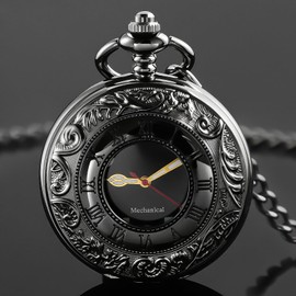 Alwesam Vintage Hand Wind Up Pocket Watches for Men,Luminous Arabic Numerals Scale Mechanical Pocket Watch with Chain,Double Open Mens Skeleton Pocket Watch(Black)