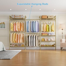 Timate L3 L Shape Gold Heavy Duty Clothes Rack, Industrial Pipe Wall Mounted, Adjustable 6 Shelves, 5 Closet Rods, Space Saving