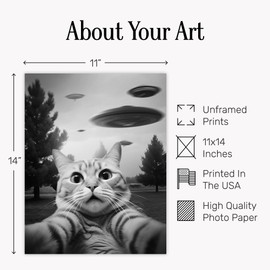 Funny Cat UFO Wall Art 11x14 - Vintage Style Tabby Cat Selfie with Flying Saucers - Whimsical Monochrome Print for Home Office - Pet Lover Gifts - Quirky Conversation Starter Unframed