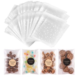 NPLUX NPLUX 200PACK Self Sealing Cellophane Bags Cookie Bags for Gift Giving Clear Treat Bags with Stickers(White Polka Dot, 4X6INCH)