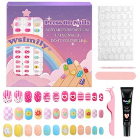 81 Pcs Press on Nails for Kids, Wsimily 3 Pack Children Short False Nails, Round Fake Nails Kit Colorful DIY Nail Art Decorations for Girls, with Jelly Nail Glue and Jelly Nail Adhesives Tools