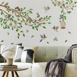 Wall Stickers Tree Branch Leaves Nature Landscape Wallpaper Sticker Living Room Wall Decor Birdcage Green Leaves Spring Bedroom Hallway Removable Wallpaper Decor DIY Wall Stickers