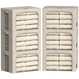FHSQX 6 Pack Clothes Storage Bins with Metal Frame Foldable Storage Bins for Clothes Linen Fabric Storage Box with Clear Window (Beige, 15.7x11.8x7.8inch(22L))