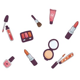 Powder, Eyeliner, Lip Balm and Lipstick for Women Art Design Wall Decoration - Creative Makeup Tools and Eyelashes Art Design for Hairdresser Wall Decor - Beauty Make Up Kit Artwork Vinyl Wall Decal - 28" x 19"