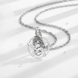 INFUSEU Dragon Pentagram Necklace, 925 Sterling Silver Tetragrammaton Viking Amulet Nordic Wicca Animal Jewelry Witch Pendant Gift for Women