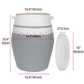 ORGMASTER Large Collapsible Laundry Baskets, Laundry Hamper with Lid, Cotton Rope Basket Storage Organizer Bin for Blanket, Comforter, Cushions, Clothes, Pillows, 19.3x25.6 Inch, White/Gray