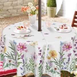 Horaldaily Spring Summer Outdoor Tablecloth 70×70 Inch, Watercolor Wild Flowers Butterfly Seasonal Table Cover with Zipper Umbrella Hole for Party Dinner Patio Garden Picnic BBQ