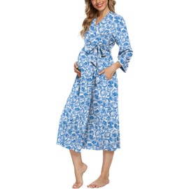 Xpenyo Women's Maternity Sleepwear Robes Long Bathrobe Pregnancy Loungewear Labor/Delivery/Nursing/Hospital Nightgown, Blue Morning Glory M