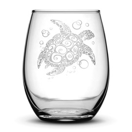 Integrity Bottles Set of 4, Sea Turtle Stemless Wine Glasses, Made in USA, Tribal Design, Hand Etched 14.2 oz Unique Glass Gifts, Sand Carved