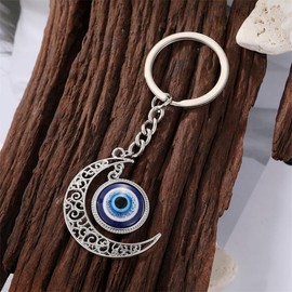 BlingNuts Silver Crescent Moon & Evil Eye Keyring Key Chain Bag Charm Good Luck Protection Amulet Jewelry Gifts