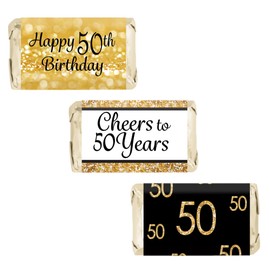 Black and Gold 50th Birthday Party Mini Candy Bar Wrappers - 45 Stickers