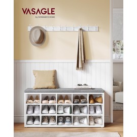VASAGLE CUSTOS Collection - Shoe Bench, Storage Bench with Padded Seat, Entryway Bench with 15 Compartments, for Bedroom, 11.8 x 41.3 x 18.9 Inches, Cloud White and Dove Gray ULHS15WT