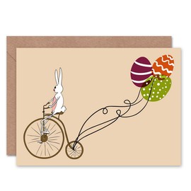 EASTER BUNNY BIKE BALOON EGGS BLANK GREETINGS CARD ART