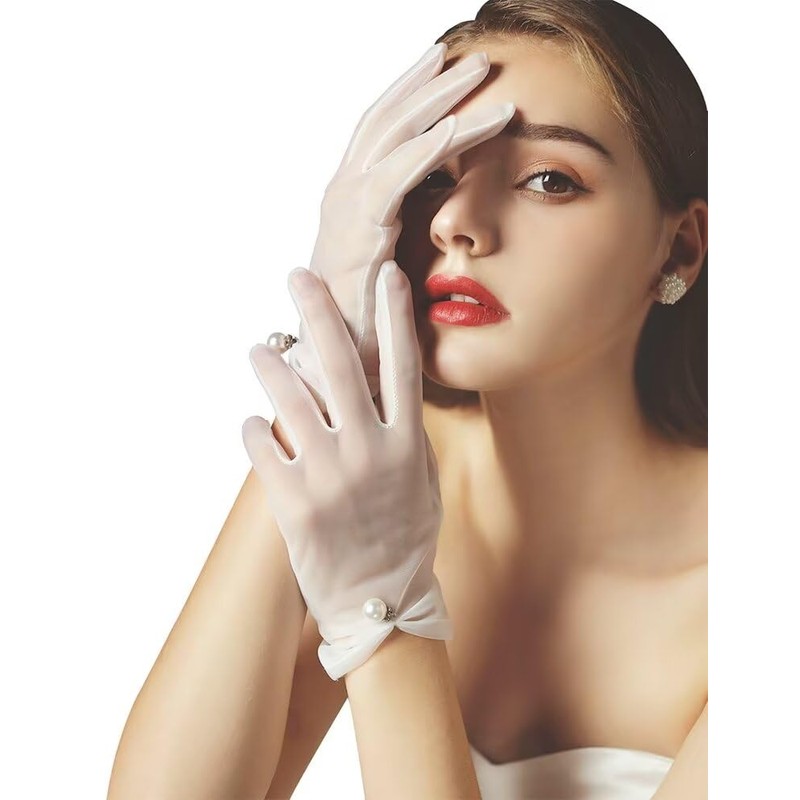 GRYUIRY Women's Wedding Glove Short Pearl Tulle Gloves Tea Party