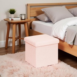 CAIPINFUL Folding Storage Ottoman Cube - Small Foldable Footrest Stool with Sherpa Top, Multi-Functional Storage Bench for Bedroom, Living Room & Pet Owners-Pink