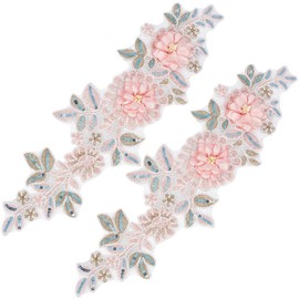 CABODYALS 2Pcs 3D Floral Embroidery Applique Polyester Beaded Lace Appliques Pink Sequin Embroidered Flower Sew on Tulle Patches for Sewing Making Clothes Dress Wedding Crafts Gowns Bag Costume Supply