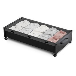 KITHELP Wooden Under Bed Storage with Wheels, Rolling Under the Bed Storage Bins with Removable Lid, Metal Under Bed Drawers for Clothes and Shoes in Bedroom or Living Room(Black Wood-1pack)