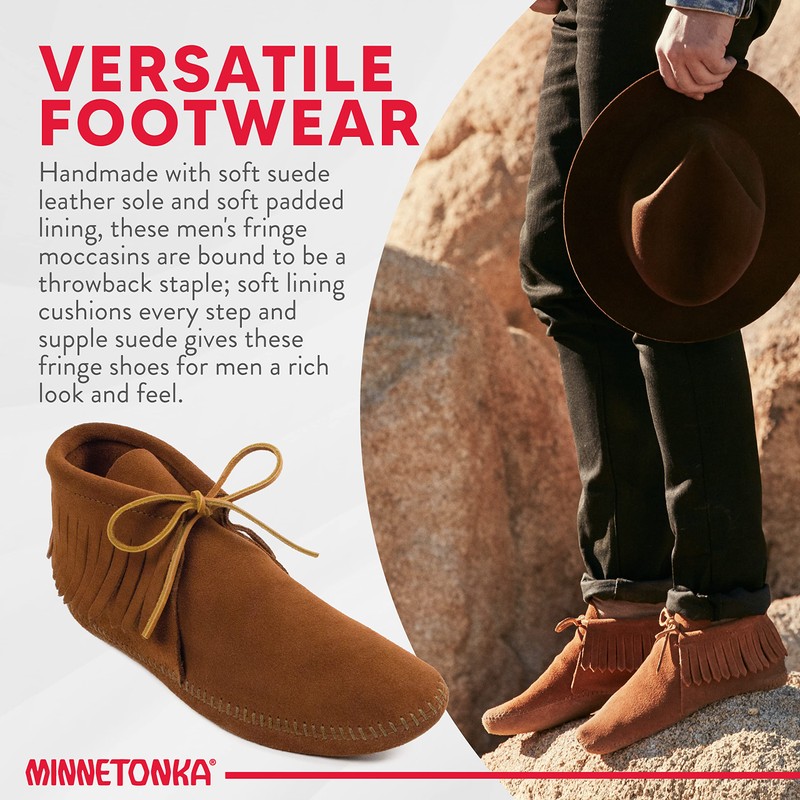 Minnetonka Men's Classic Fringe Boot, Soft Leather Sole Brown, 12