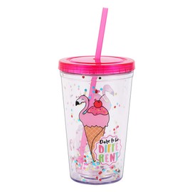 Cute Tumbler with Lid and Straw Double Wall Insulated Acrylic Cup for Girls Women Kids, 18oz/550ml (Flamingo ice cream)