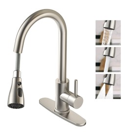 Oersitor Kitchen Faucet with Pull Down Sprayer，Brushed Stainless Steel Single Handle Kitchen Faucet，Multiple Modes Switch Water,1/3 Hole, Deck Plate Included (Wire Drawing)
