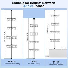 Corner Shower Caddy Tension Pole: Stainless Steel Rustproof 4-Tier Shower Organizer - 47-121 inch Adjustable Bathroom Shelves for Bathtub Shampoo Storage - Tension Rod Floor Standing Bath Rack