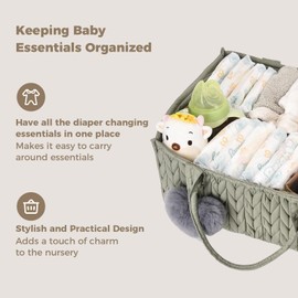 I IHAYNER Baby Diaper Caddy Cotton Rope Nursery Storage Bin and Car Organizer for Diapers and Wipes with Cute Pom-Pom Beige