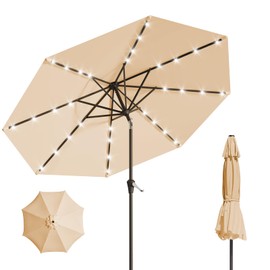 AreShark 9FT Solar Umbrella 32 LED Lighted Patio Umbrella Table Market Umbrella w/Tilt and Crank Outdoor Umbrellas for Garden, Deck, Backyard, Pool and Beach, Khaki
