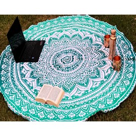 raajsee Indien Strandtuch Rund Mandala Hippie/Groß Indisch Rundes Baumwolle/Boho Runder Yoga Matte Tuch Meditation/Tischdecke Rund aufhänger Decke Picknick handgefertigt Teppich 70 inch (Grün Ombre)
