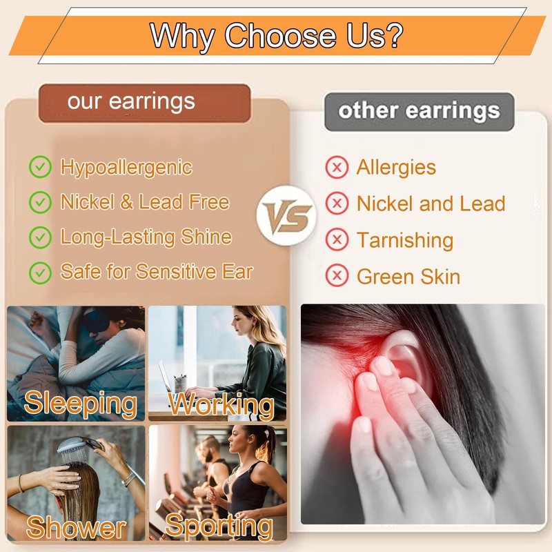 3 Pairs Stud Hoop Earrings Set for Women, Hypoallergenic 18K