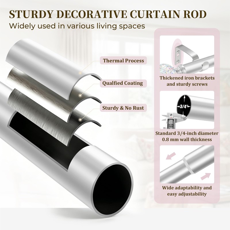 Silver Rainbow Curtain Rod Adjustable Heavy Duty Crystal Ball,18-45"