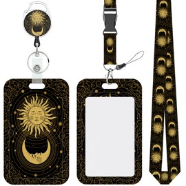 Cotsena Lanyards for ID Badges Sun Face and Crescent Moon Retractable Badge Holder Removable Lanyard Keychain Vertical ID Protective Holder for Nurse Teacher Student Office