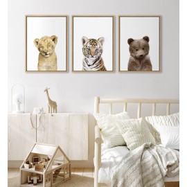 Amy Peterson Art Studio Sleepy Lion, Baby Tiger and Bear Framed Canvas Art Set, 3 Piece 18x24 Natural, Baby Animal Wall Art Decor Set