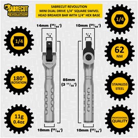 1 x SabreCut MRSC12 Mini Dual Drive Compact 1/4" Square Swivel Head Breaker Bar with Hex Base - Knurled Non-Slip Handle 180 Degree Swivel Head Spring Locking System