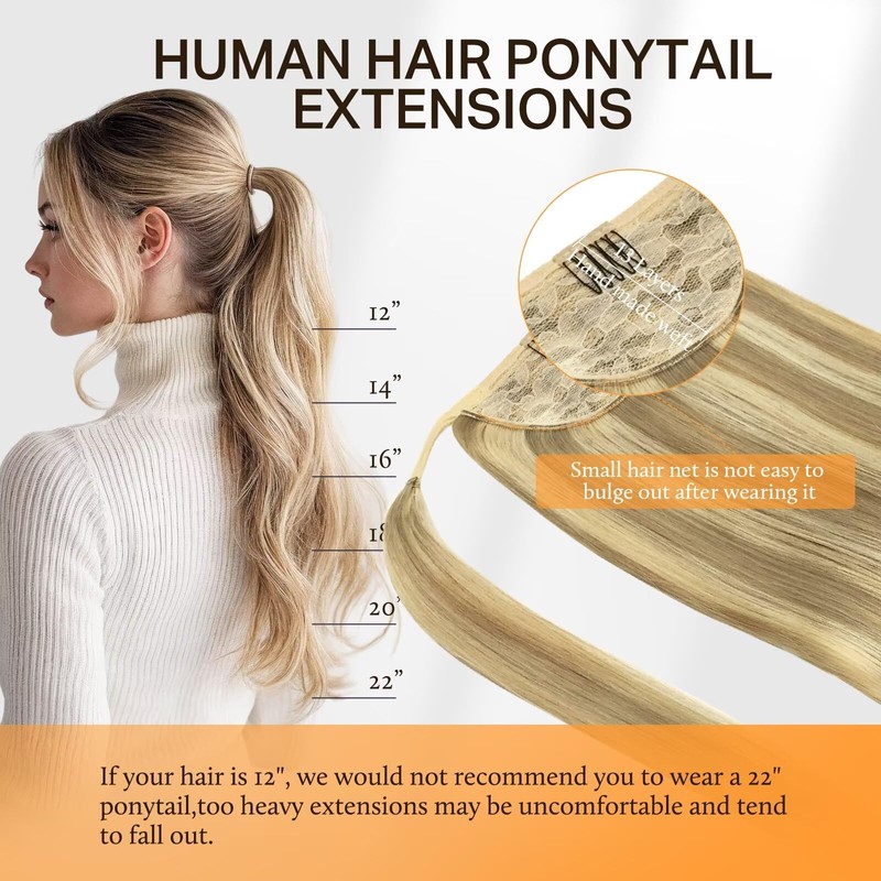 DOORES Ponytail Hairpiece, Light Blonde Highlights Golden Blonde, 35 cm,