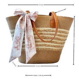 Kefeier Straw Beach Bag Set with Sun Hat, Large Woven Tote with Leather Handles, 3 Decorative Scarf, Natural (khaki)