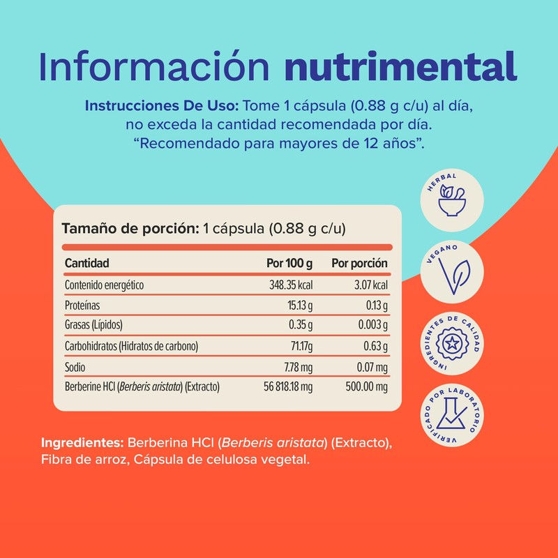 Nutravia Berberina 500mg Capsulas - Suplementos para Mujer y Hombre