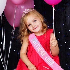 TIOSRU Pink Birthday Girl Sash and Crown-Princess Tiara for little girls Crystal Birthday Crown for Girls Glitter Birthday Sash Birthday Party Favors