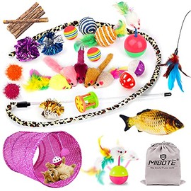 MIBOTE 24Pcs Cat Toys Kitten Catnip Toys Assorted, 2 Way Tunnel, Fish, Interactive Feather Teaser, Fluffy Mouse, Tumble Cage Mice, Crinkle Rainbow Balls Bells Toys for Puppy Kitty