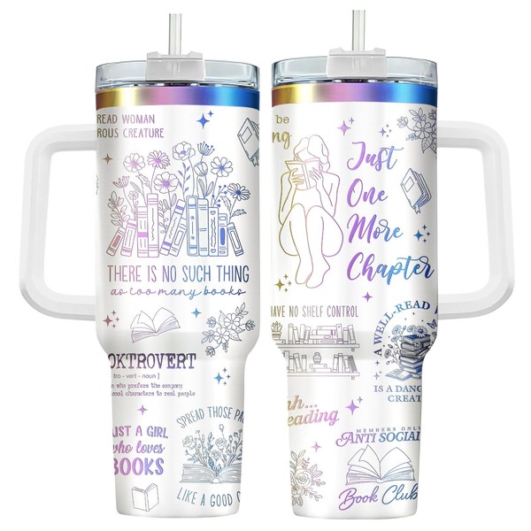 34HD 40oz Bookish Tumbler with Handle and Straw, Bookworm Insulated